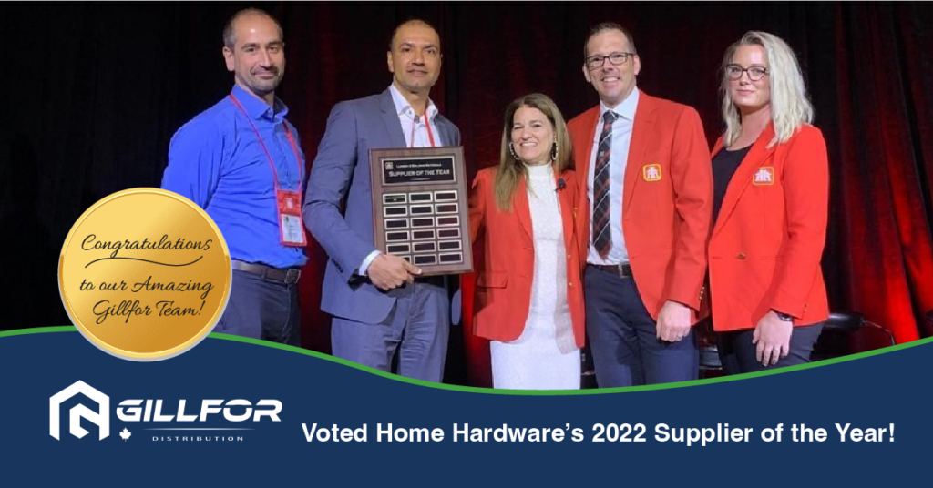 The Gillfor Distribution Team receive Supplier of the Year Award from Home Hardware.